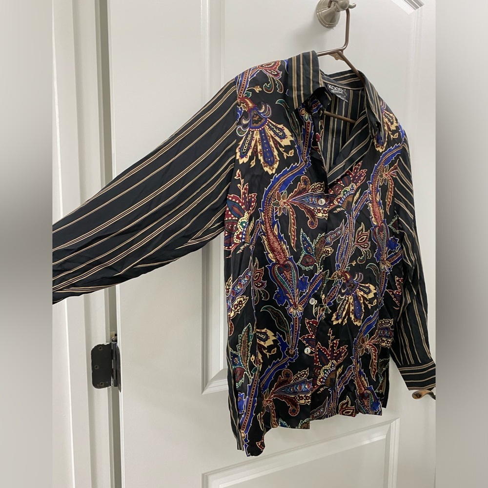 KOOS Of Course Paisley Front Stripe Back 100% Silk Button Blouse size Med